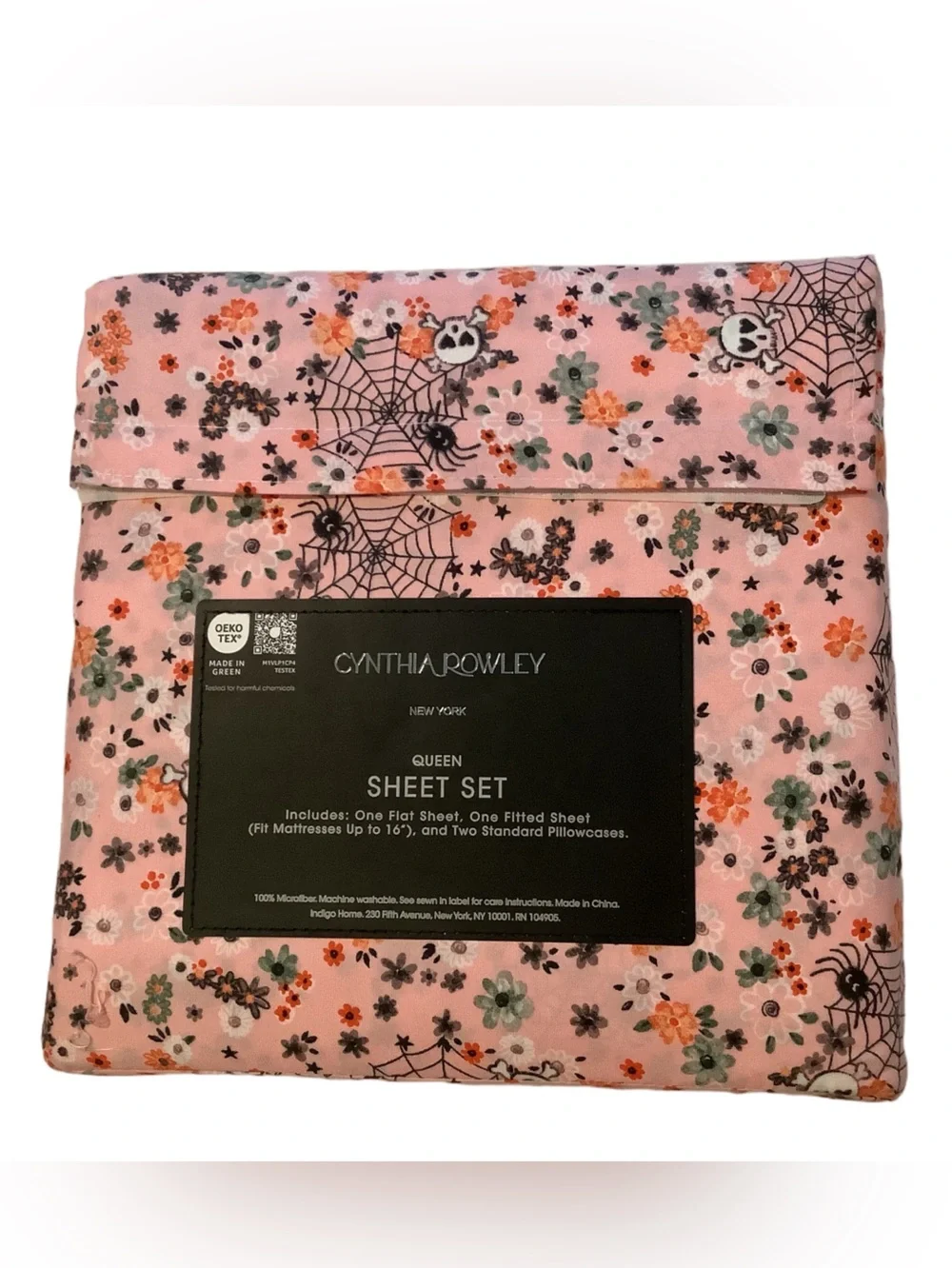 Cynthia Rowley Boho Floral Web Halloween Queen Sheet Set New